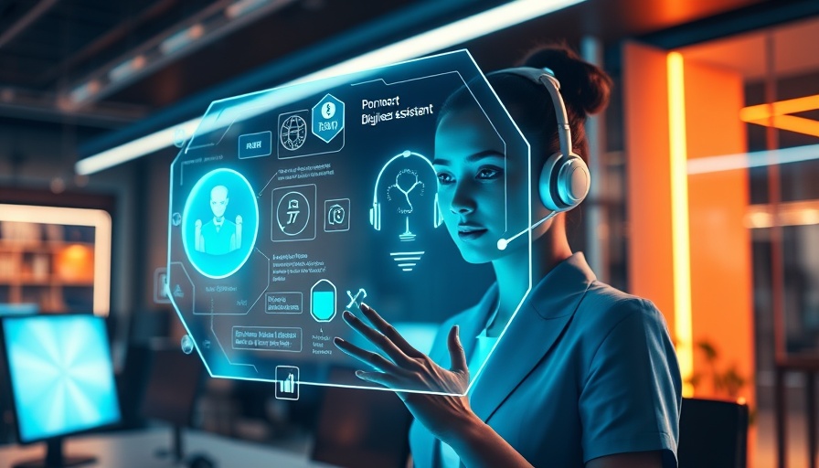 Futuristic AI voice agent interface in business setting, vibrant colors.