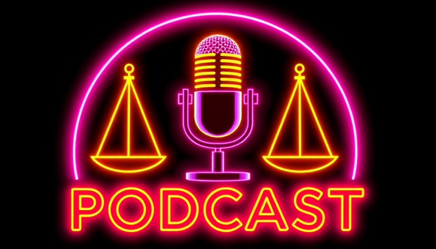 Neon-themed podcast logo with microphone and scales for AI for lawyers.