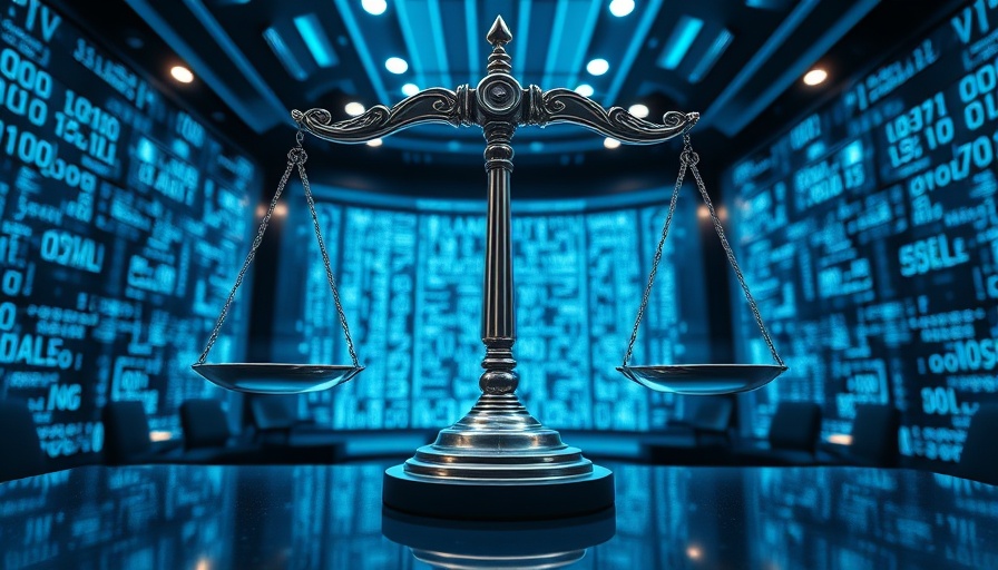 Futuristic legal AI with digital scales and binary code.