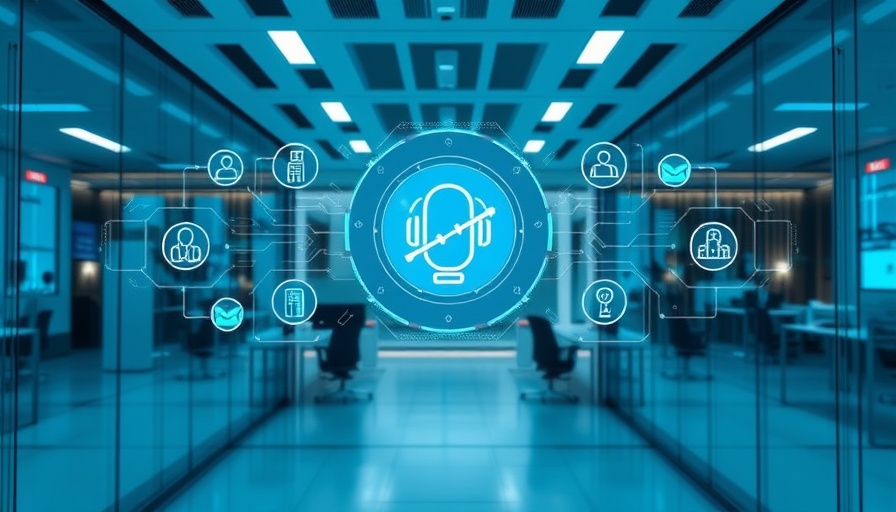 Futuristic digital workspace featuring AI voice agents for business.