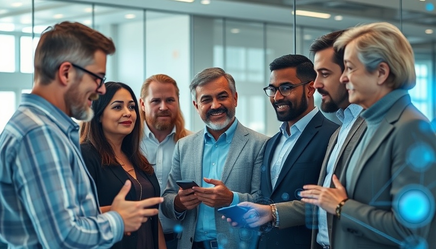 AI for business owners discussing futuristic holograms in office.