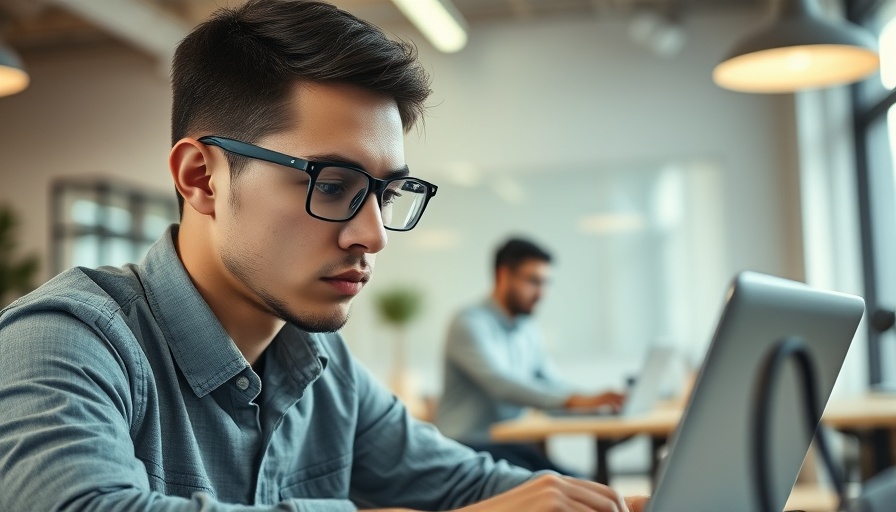 Young man using laptop in office, exploring AI voice agents for business.