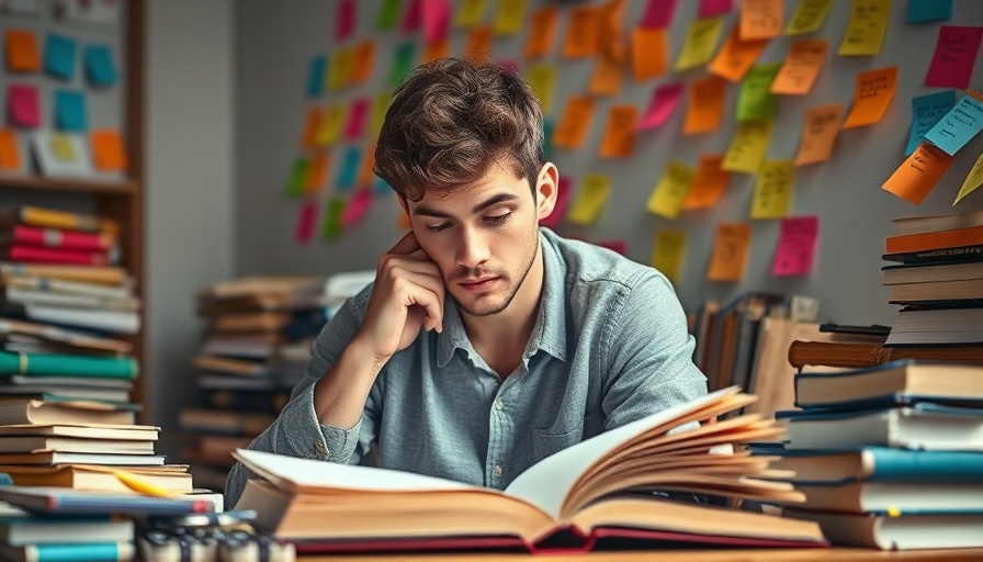 Focused young man reading in a colorful room, representing content agility process.