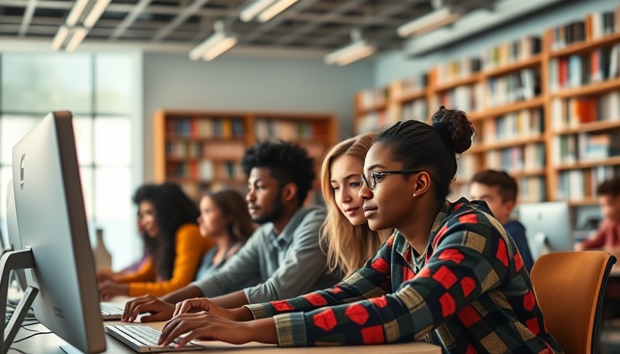 Students using computers in a modern library classroom, automate content labeling.