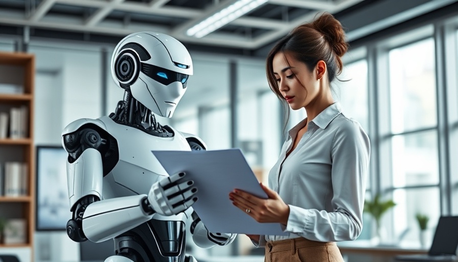AI readability checker in a modern office with a humanoid robot and woman reviewing documents.