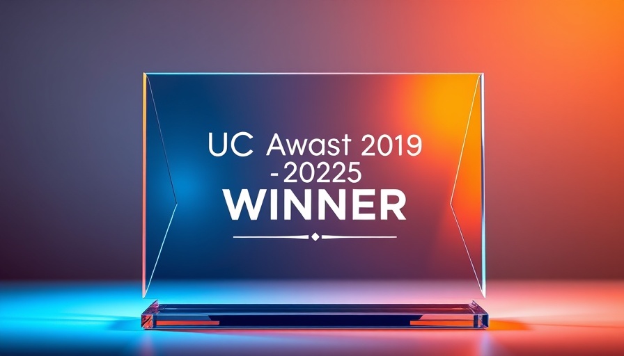 Stylized award plaque for UC Awards 2025 WINNER with blue gradient.