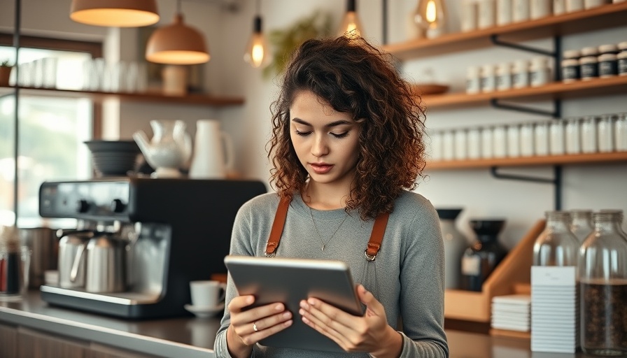 Young worker in a cafe using a tablet for digital customer service, warm lighting.