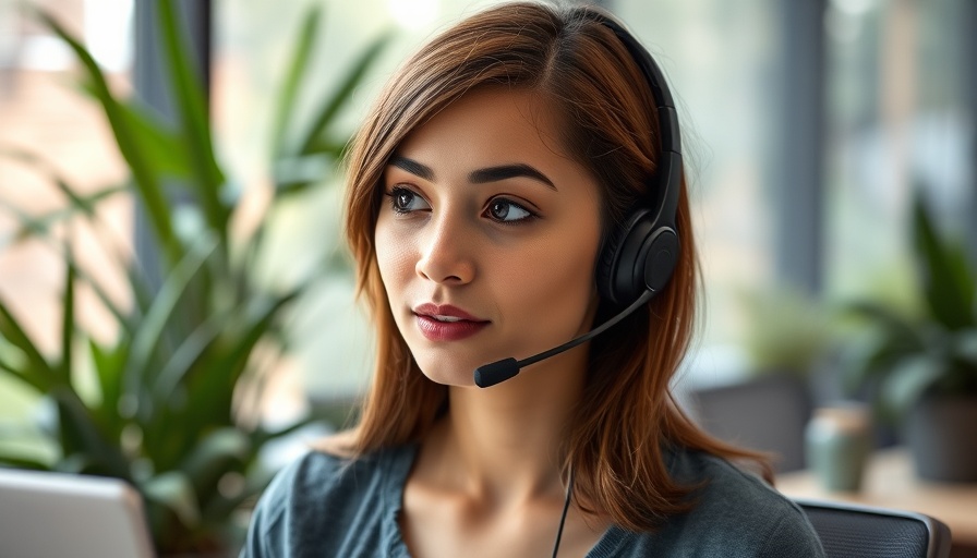 Young woman with headset working in a modern office, call center environment.