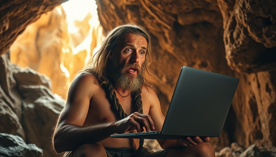 Caveman discovers technology in cave, concept of AI evolution.