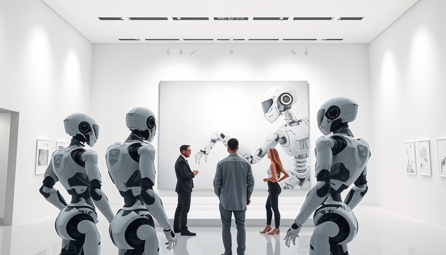 Futuristic scene with humans and AI examining art in a gallery.