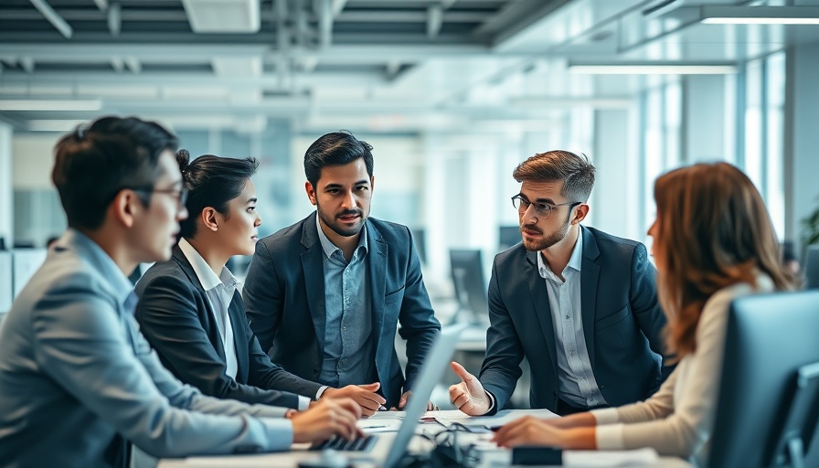 Professional discussion in modern office environment with young professionals.