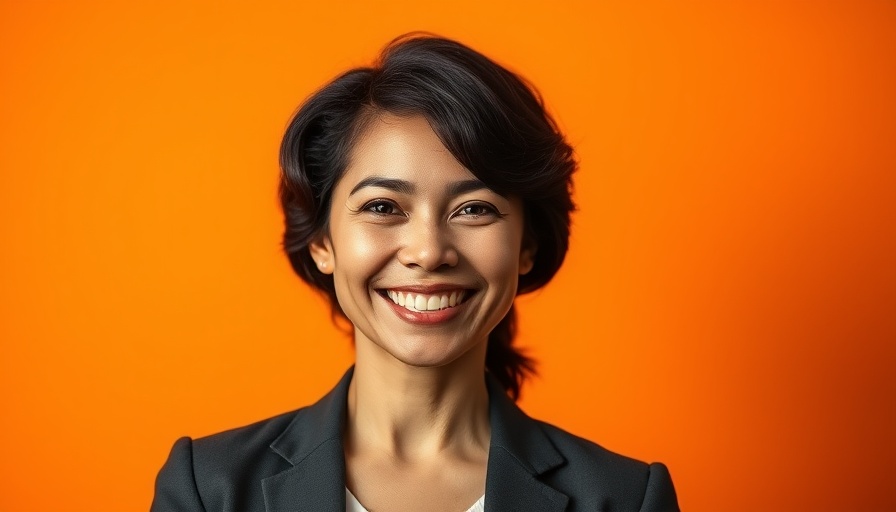 Smiling woman in professional attire on vibrant orange background, AI Voice for Business.