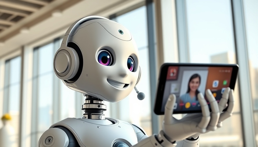 Friendly AI robot assisting with business communication in an office