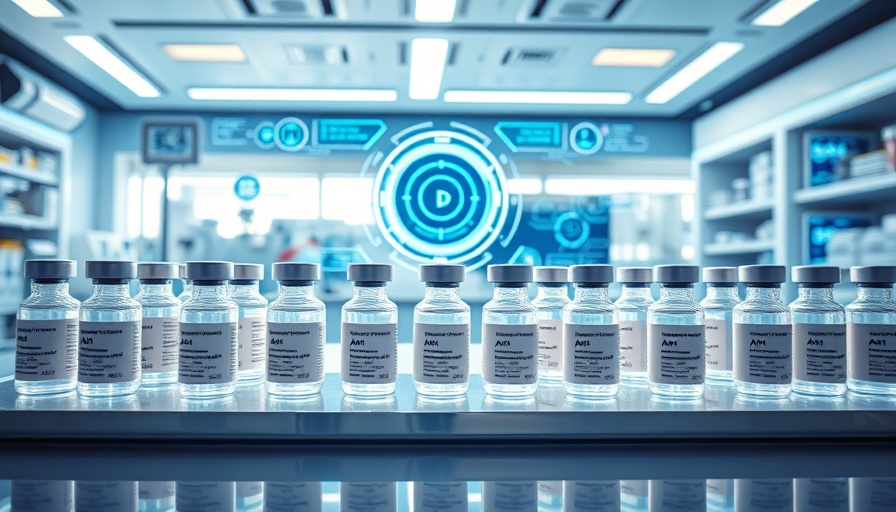 AI-powered vaccine development: vials and digital display in lab.