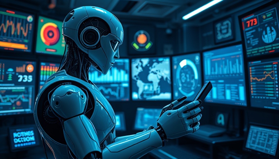 Futuristic robot interacting with sound waves in a high-tech setting.