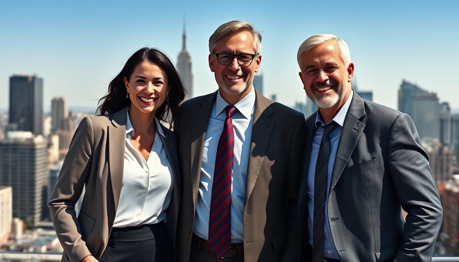 Three executives against city skyline, associated with AI in the legal system.