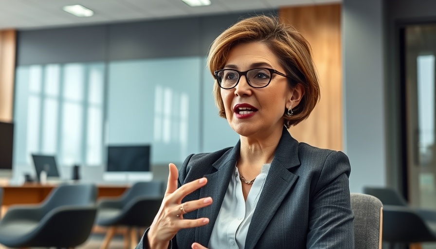 Professional woman discusses hybrid AI law firm, video setting.