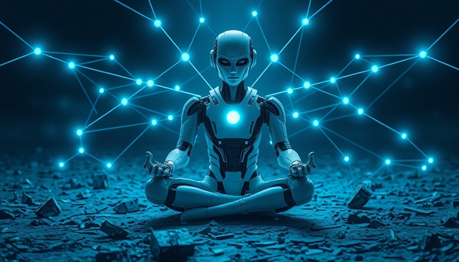 Futuristic humanoid robot meditating, glowing with energy, symbolizes Antifragile GenAI Architecture.
