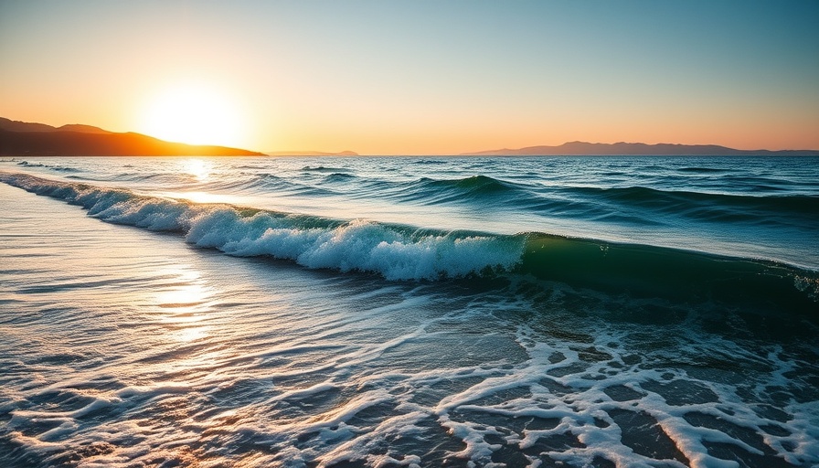 Serene coastline sunset with gentle waves and distant mountains