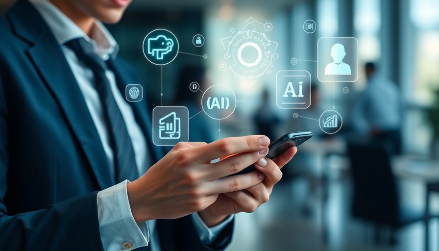 Businessman uses smartphone with AI icons overlay, highlighting AI Voice for Business.