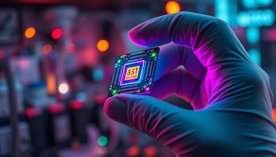 Futuristic chip with colorful lights in lab, AI runs on light technology.
