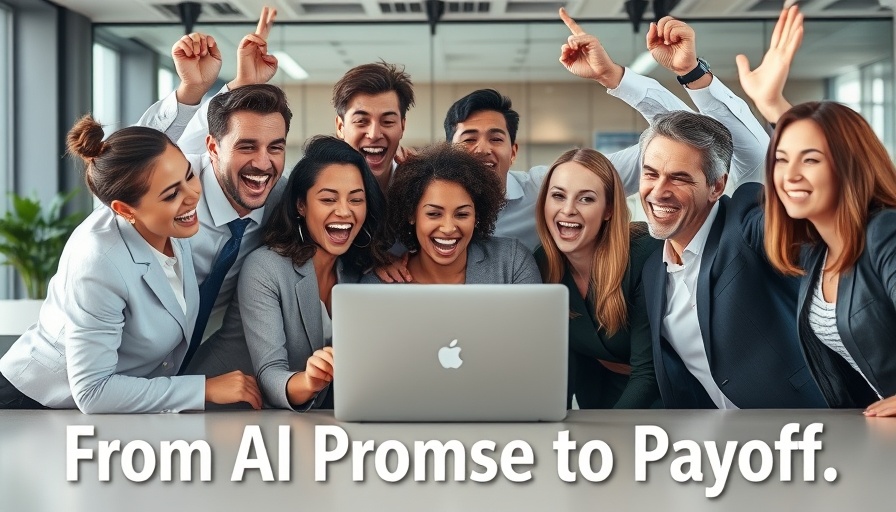 Excited business team celebrating AI breakthrough success.