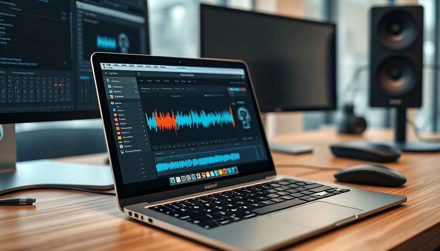 AI Voice for Business setup on laptop with editing software.