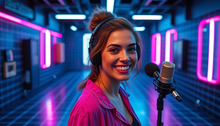 Futuristic podcast theme with confident smiling woman, neon glow.