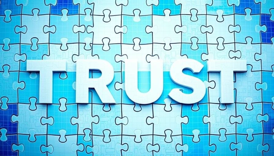 Puzzle pieces forming TRUST in digital blue grid.