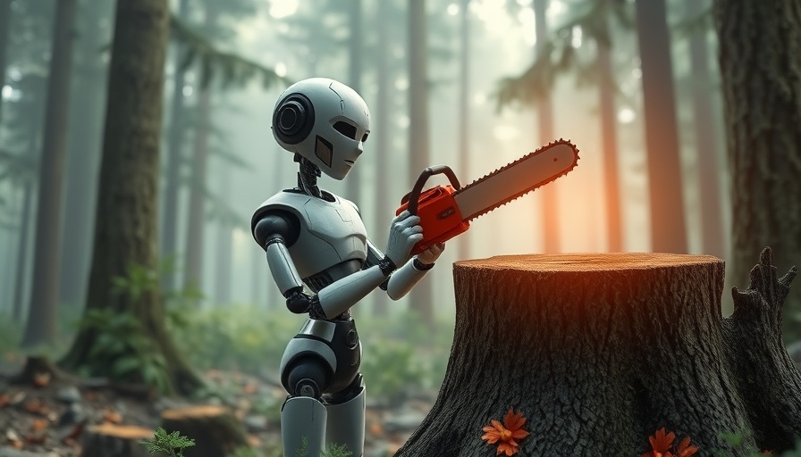 AI efficiency impact in organizations illustrated by a robot with a chainsaw analyzing a tree stump in a forest.