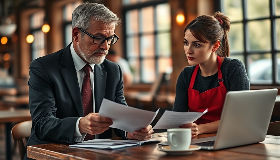 Professional meeting in a cafe discussing compliance tools.