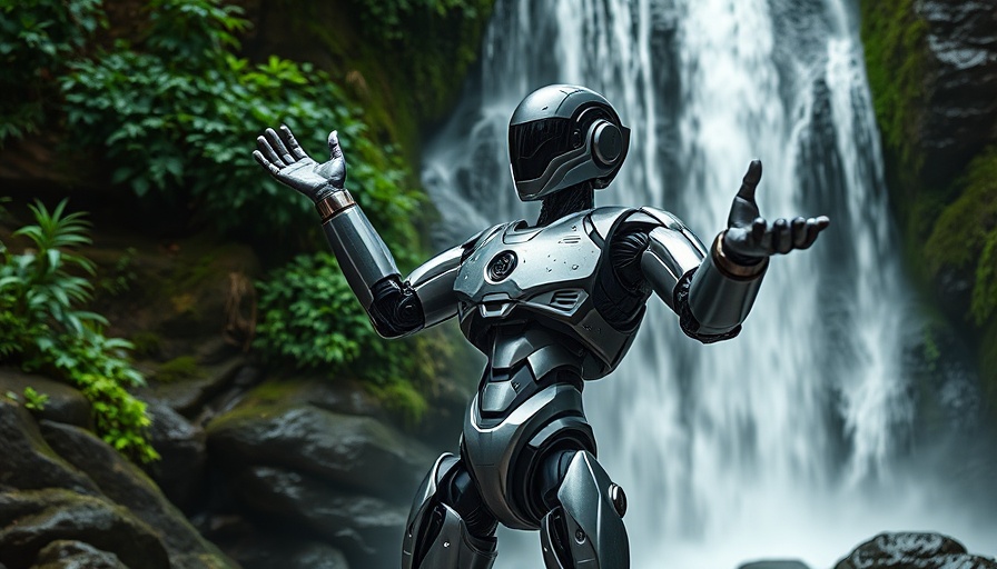 AI-powered humanoid robot posing joyfully by a waterfall in a lush setting.