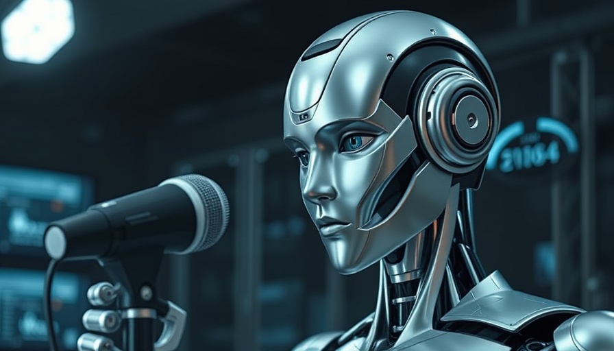 AI voice for business concept: robot speaking into a microphone