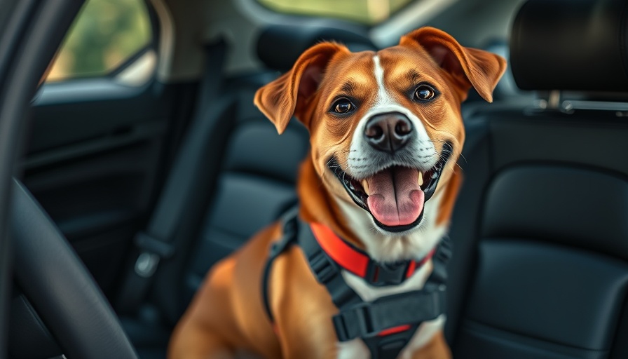 Dog wearing safety harness for car travel, sitting happily.