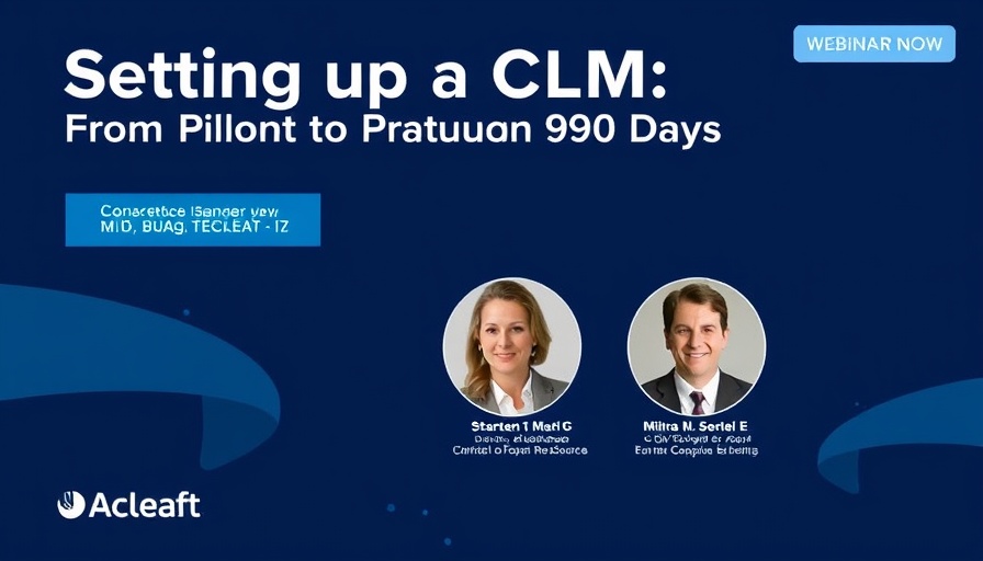 Webinar flyer for AI in law featuring speakers, blue theme.